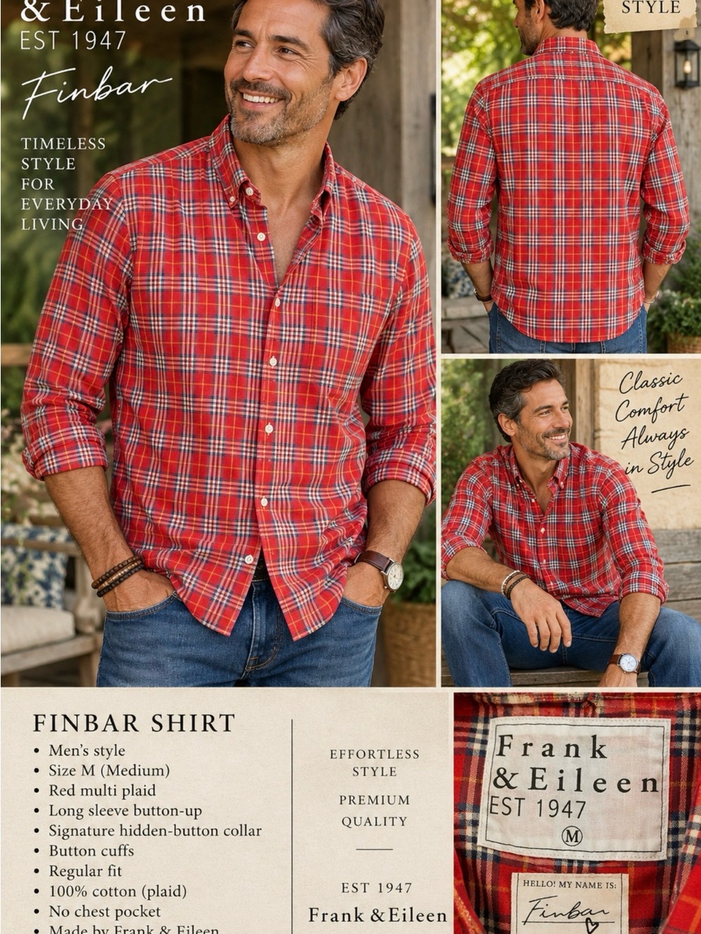 Frank & Eileen Finbar Men’s M Red Plaid Button Down Shirt NWOT